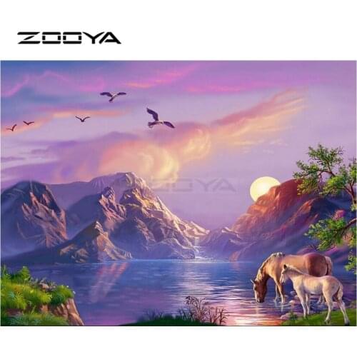 ZOOYA Diamond Embroidery DIY Diamond Painting Sunset Mountain Lake 2 Horses Diamond Painting Cross Stitch Rhinestone Mosaic BK82