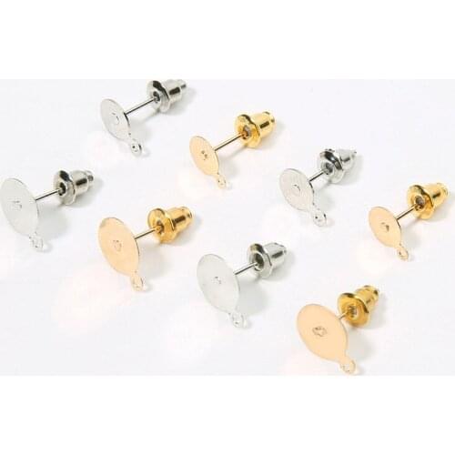 20pcs Metal Stud Earring Base Blank Tray With Ear Back 6mm 8mm Cabochon Cameo Settings Gold Silver Color For DIY Jewelry Making
