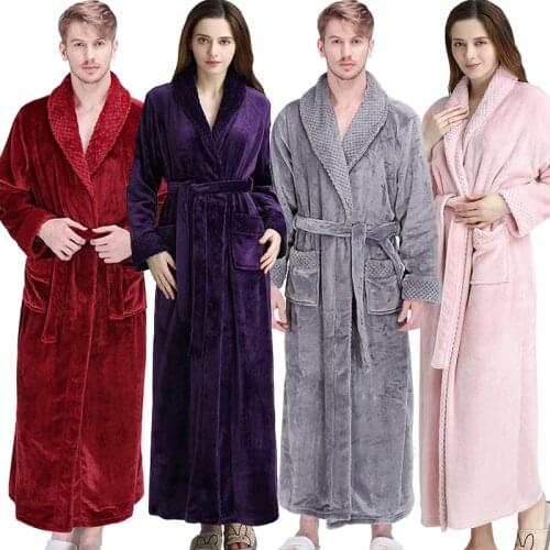 Women Men Thermal Luxury Flannel Extra Long Bath Robe Winter Sexy Grid Fur Bathrobe Warm Kimono Dressing Gown Bridesmaid Robes
