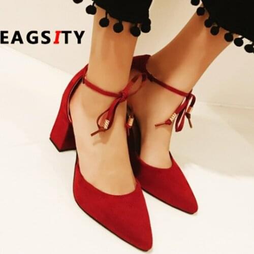 Suede red women block heel sandals lace up ankle strap pumps pointed toe party dancing square heel ladies shoes