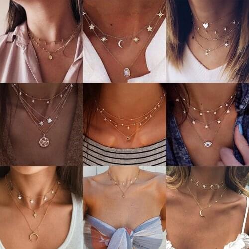 Docona Bohemia Crystal Star Moon Sun Pendant Necklace for Women Multilayer Opal Evil Eye Metal Necklace Girl Jewelry Collares