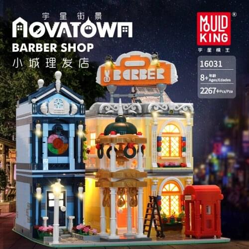 Mould King Moc City Street Barber Shop Restaurant With Led Light Bricks Model Building Blocks Toys For Children Expert Diy Gifts