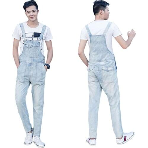 Overalls Men Bib Jeans Loose Straight Denim Jumpsuits Fashion Pocket Cargo Pants Light White Black Trousers Large Size S - 5XL