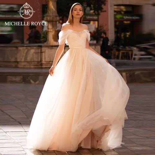 Michelle Royce A-Ling Wedding Dresses 2021 Boat Neck Off the Shoulder Beading Lace Up Chapel Train Bridal Gowns Vestido De Noiva