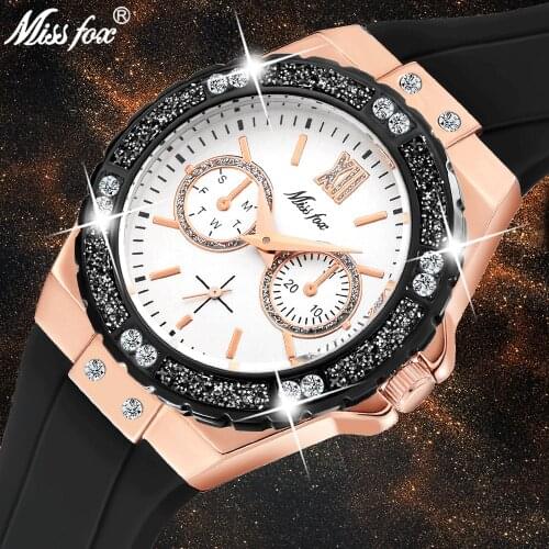 MISSFOX Women Quartz Watch Fashion Luxury Brand Rose Gold Bling Ladies Watch Diamond Black Rubber Band Female Clock Xfcs 2020