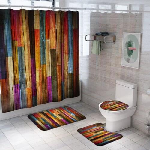 Colorful Wood Grain Toilet Cover Bath Mat Set Fabric Shower Curtain with Hooks Bathroom Decoration Bathtub Curtains Non-slip Rug