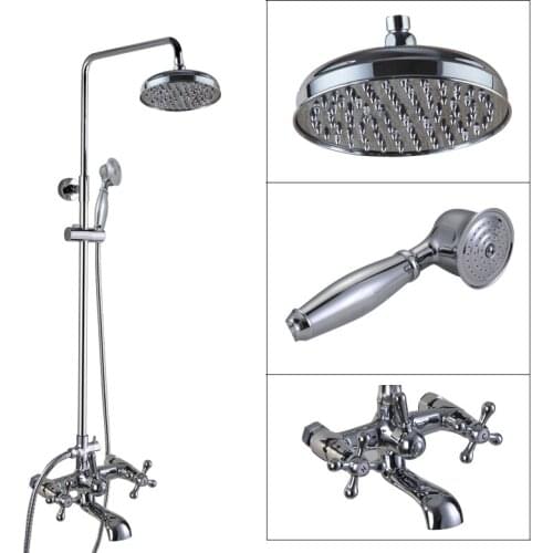 Wall Mounted Polished Chrome Round Rain Shower Faucet Tub Mixer Tap Dual Cross Handles + Hand-Held Shower Head acy324