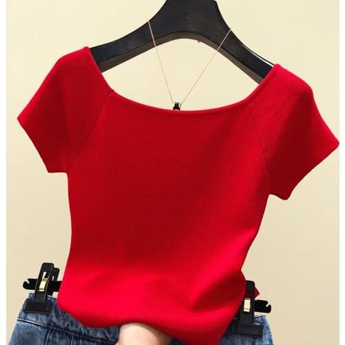 Solid square collar knitted T-shirt new female short sleeve simple knitted tshirts tops for girls 2020 summer