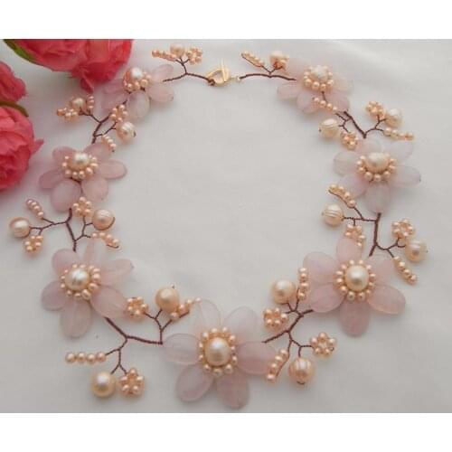 YYGEM Handmade Natural pink Freshwater Pink Pearl Rose Quartz Flower wrap Necklace