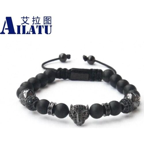 Custom Design New Gun Black CZ Leopard Head Braiding Bracelet with Natural Matte Onyx Stone Laser Printing Logo Drop Shipping