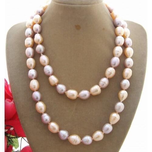 Hand knotted 9-10mm pink and purple rice freshwater cultured pearl necklace 86cm fashion jewelry