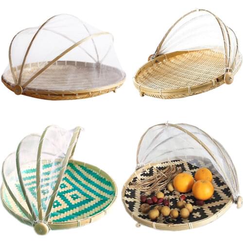 Hand-Woven Food Serving Tent Basket Tray Fruit Vegetable Bread Storage Basket Simple Atmosphere Outdoor Picnic Mesh Net Cover