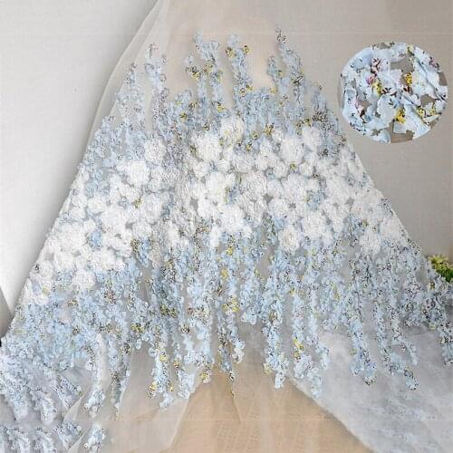 3D Chiffon Flower Blue Color Tulle Lace Fabric Lady Dress Evening Dress Sewing Cloth By Yard V2560
