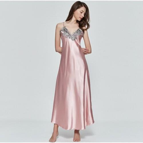 Women V-neck Satin Silk Red Sexy Sling V-neck Lace Pajama Night Dress Nightgown Sleepwear Long Dress
