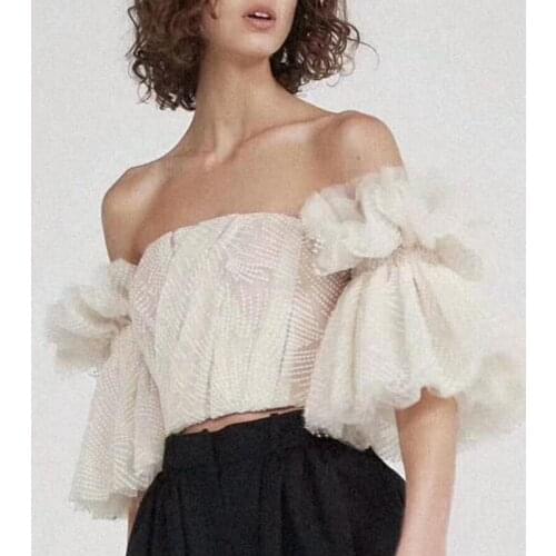 Shirt for Women Short Sleeve Off Shouder Patchwork Backless Sweet Blouse Female Tops