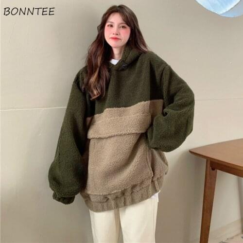 Women with Hat Hoodies Plus Velvet Thicker Casual Loose Patchwork All-match Feminino Sweatshirts Winter Front Pocket Ulzzang New