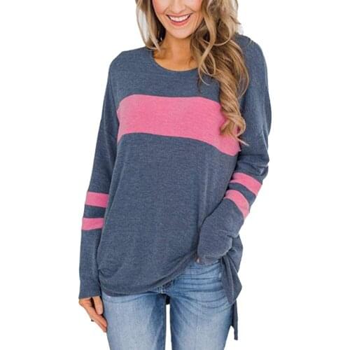 Winter Women T-shirt High Low Side Split Long Sleeve Autumn Shopping Round Neck Outwear Office Casual Tunics Color Block