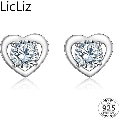 LicLiz Small 925 Sterling Silver Love Heart Stud Earrings Women Ear Pierced Cubic Zirconia Solitaire Post Earring Studs LE0371
