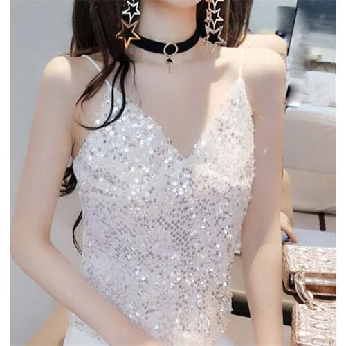 20 Fashion Summer Sexy Women Sequined Vest Solid V-neck Tank Summer Outfits Lady Short paragraph Crop Tops Bottomings WZ1141