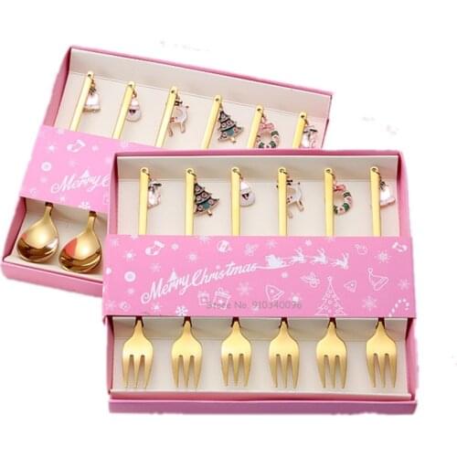 6Pcs Coffee Spoon Mixing Scoops Stirring Spoons Stainless Steel Forks Christmas Gift Box Set Party Table Ornaments Coffee Spoon