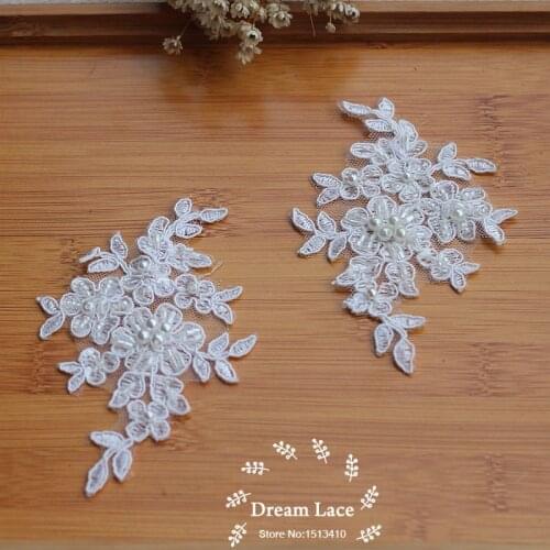 Ivory Alencon Lace Applique Beaded Sequined Patch For Wedding Supplies Bridal Hair Flower Headpiece 2piece