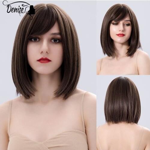 Short Brown Daily Straight Hair Synthetic Wig With Bangs For White Women Nutural Cosplay Heat Resistant Female Fiber Bob Wigs