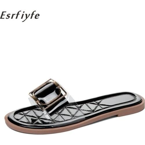 ESRFIYFE High Quality Summer Metal Women Slipppers PVC Brand Leather Open Toe Shoes Women 2020 Fashion Ladies Slides Shoes