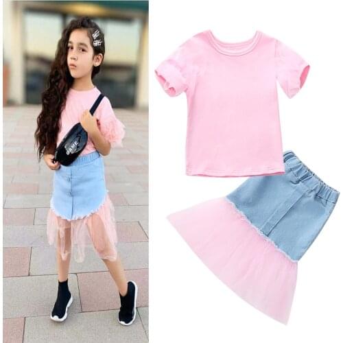 FOCUSNORM 1-5Y Fashion Toddler Girls Clothes Sets Solid Pullover T Shirts Denim Lace Patchwork Skirts 2pcs