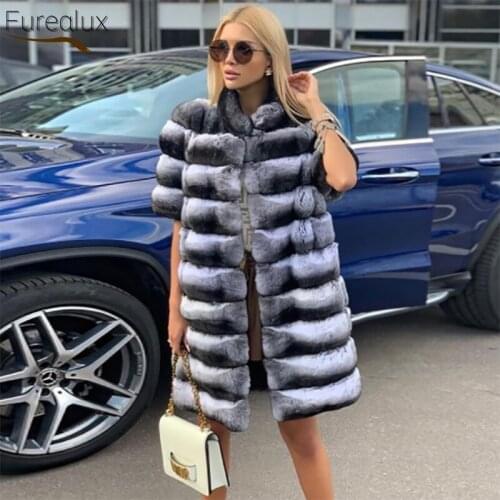 FUREALUX Natural Real Rex Rabbit Fur Coat Stand-up Collar Womens Winter Street Style Fashion Short-sleeved Vest 2021 New Pure