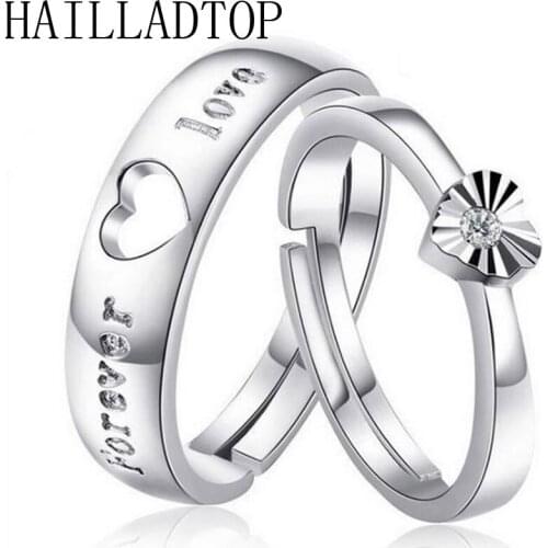Trendy Finger Ring Silver Plated Jewelry Couple Rings Crystal Heart-shaped Opening Wedding Rings Lovers Rings