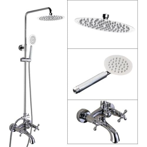 Wall Mounted Bathroom Rain Shower Faucet Set Polished Chrome Brass Handheld Shower Head Two Cross Handles Tub Mixer Tap acy359