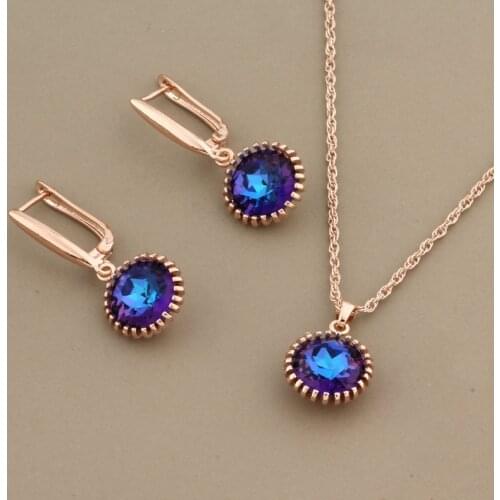 New Trendy Set of Earrings 585 Rose Gold AB Color Round Earrings Pendants And Necklaces Jewelry Sets Women Wedding Party 2021