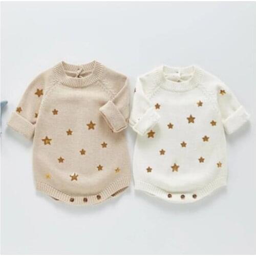 Autumn Cute Kids Baby Girl Star Printing Knit Clothes Rompers Spring Baby Girls Long Sleeve Embroider Rompers Jumpsuit Clothes