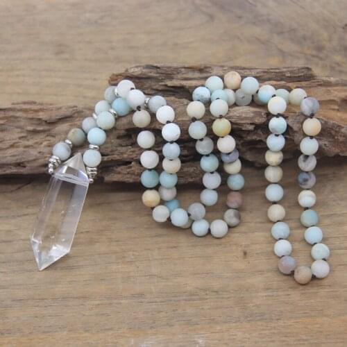 8mm Matte Amazonite Round Beads Mala Necklace Knotted Handmade Crystal Double Point Pendants Yoga Prayer Jewelry Dropship,QC0110