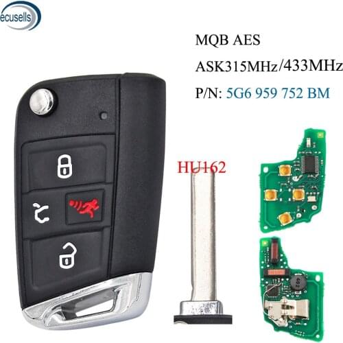 PN:5G6 959 752 BM 3+1 Button ASK315/433 MHz Smart Key For VW 2015-2019 Golf GTI/MQB AES / HU162 With Recess