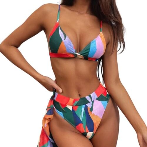 The Latest Arrival Women Three-Piece Swim Nylon Swimsuit Suit Orange Printed Pattern Bikini Top Shorts and Crop Top for Beach