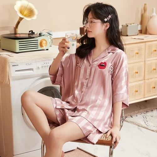 Silk Pajamas Womens Casual Sleepwear Short Sleeve Pijama Satin Pyjamams Womens Suits Home Wear Lounge Wear With Pockets Outfit