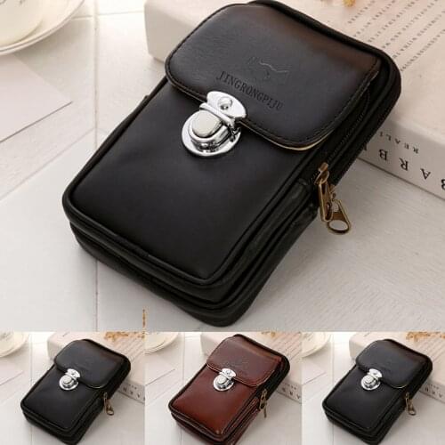 Vintage Harajuku Pu Leather Waist Bags High Quality Mens Retro Versatile Casual Double-deck Cellphone Waist Packs#p30