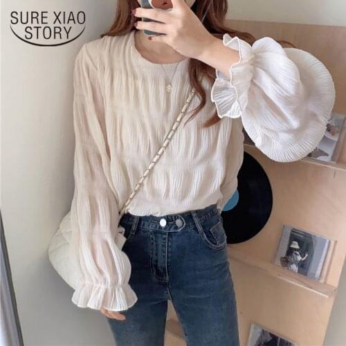 Spring Autumn New Korean Loose Shirt O Neck Long Sleeve Elegant Blouse Women Solid Color Casual Fashion Tops Blusas Mujer 14388