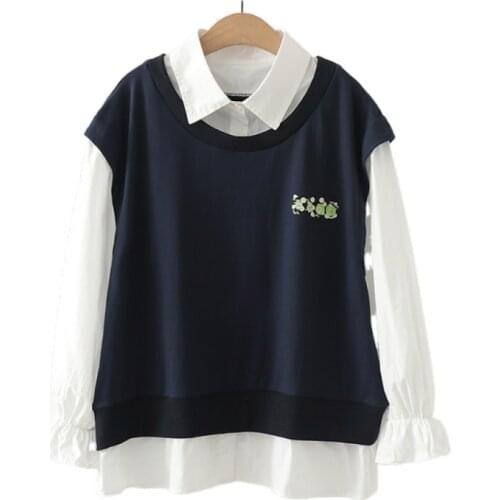 Women Sweatshirts 2020 Autumn Cartoon Print Patchwork Hoodies Long Sleeve Turndown Collar Korean Ladies Fake 2 Pieces Basic Top