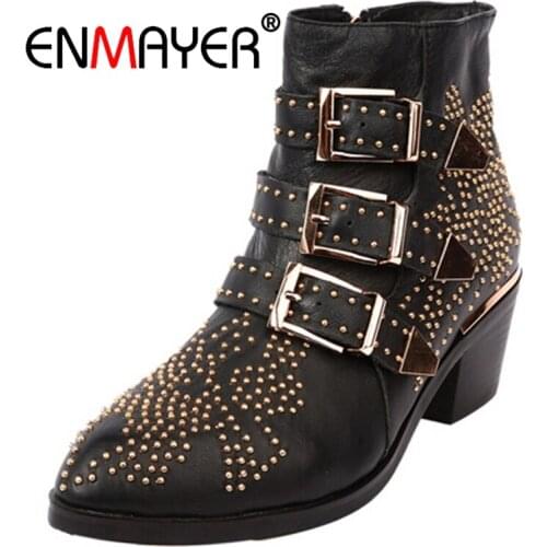 ENMAYER Winter Genuine Leather Buckle Ankle Boots For Women Pointed Toe Kitten Heels Motorcycle boots Shoes Women zapatos CR59