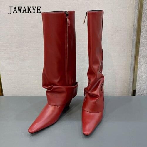 Street Style Pleated Knight Boots Women Red Black Pointy Knee High Boots Patent Leather Side Zipper Pants Booties Western Boots