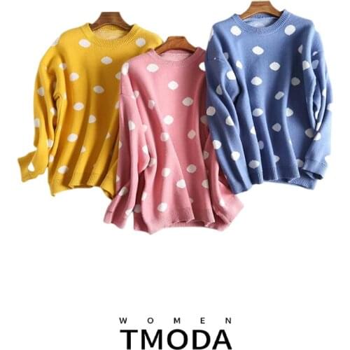 2021 Za Pull Femme O Neck Polk Dot Korean Sweater Women Casual Long Sleeve Student Pullover Long Sleeve Sweet Jumper