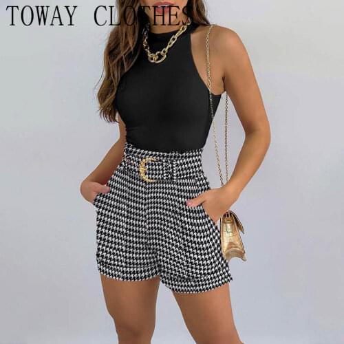 Plain Tank Top & Houndstooth Print Shorts Set Summer Women Sexy Two Piece Suit Sets