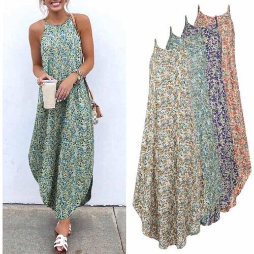 Printed Maxi Dresses VONDA Bohemian Sexy Sleeveless Sundress Women Causal Halter Summer Beach Dress Asymmetric Long Dresses
