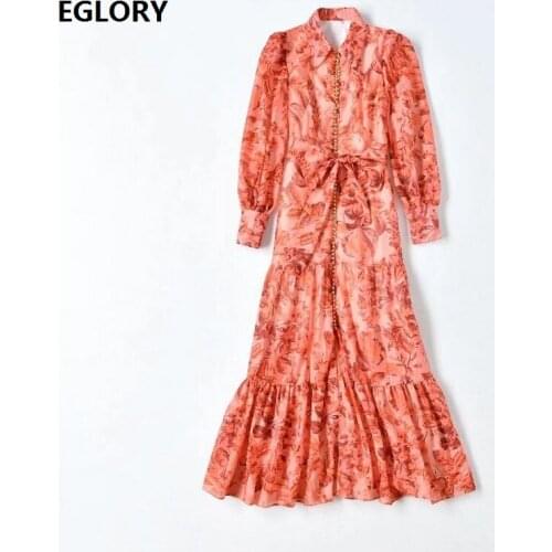 High Quality New Womens Long Dress 2021 Spring Summer Casual Party Women Turn-down Collar Chic Print Golden Beading Maxi Dress