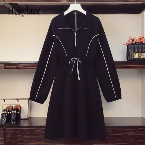 Plus size women autumn winter long sleeve black sweatshirt dresses women zipper stand collar loose casual A-line cotton dresses