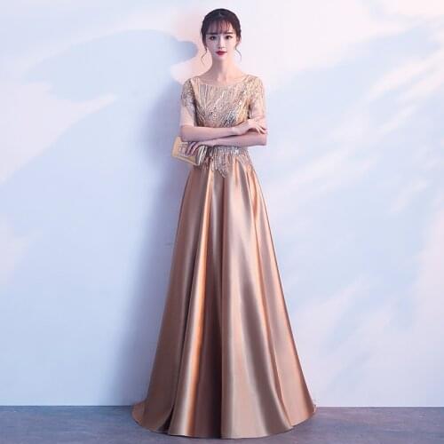 Gold Long Sleeve Chinese Oriental Party Wedding Female Cheongsam Bridesmaid Evening Dress Elegant Celebrity Banquet Dresses