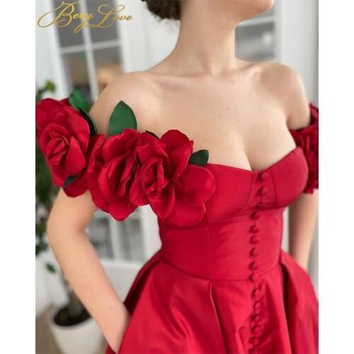 Berylove Red Prom Dresses A Line Appliques Button Sweetheart Party Dresses 3D Flower Leaves Sleeves Long Satin Evening Dresses
