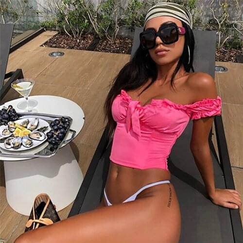 Dotrend 2019 New Puff Sleeve Retro Crop Top T Shirt Women Neon Green Pink Pleated Bow Tie Sweet Sexy Tops Summer